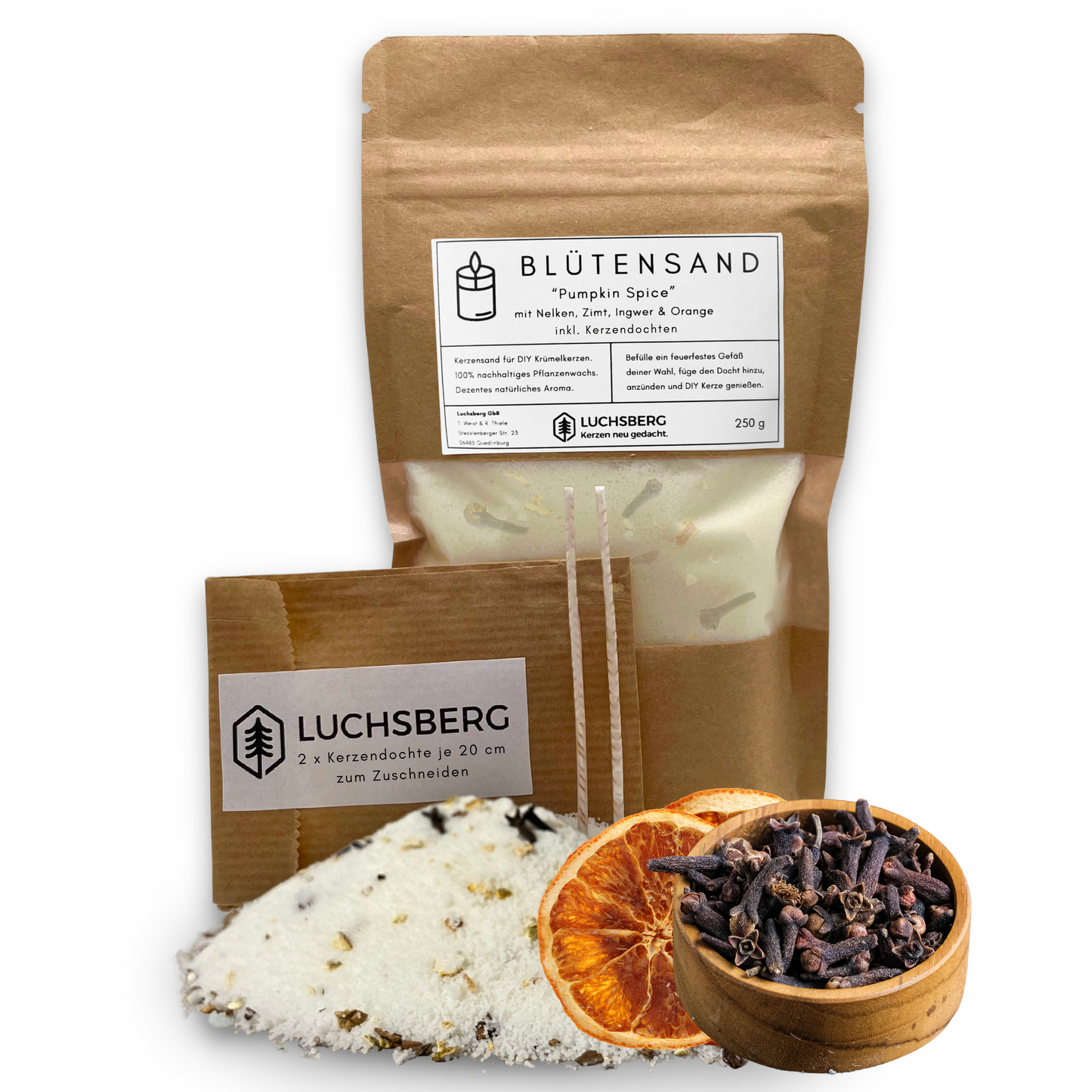 LUCHSBERG® Blütensand Pumpkinspice | aromatische Winter Kerze selber machen - inklusive Kerzendochte und Kerzensand | DIY Kerze selbst herstellen