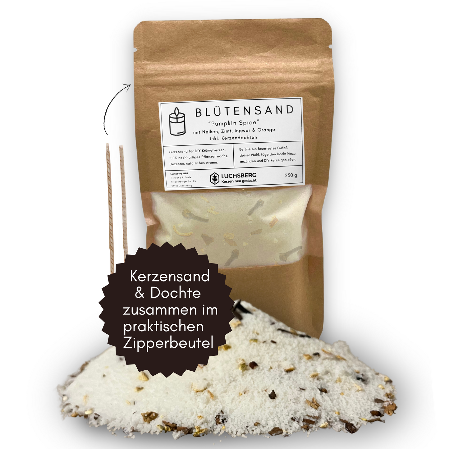 LUCHSBERG® Blütensand Pumpkinspice | aromatische Winter Kerze selber machen - inklusive Kerzendochte und Kerzensand | DIY Kerze selbst herstellen