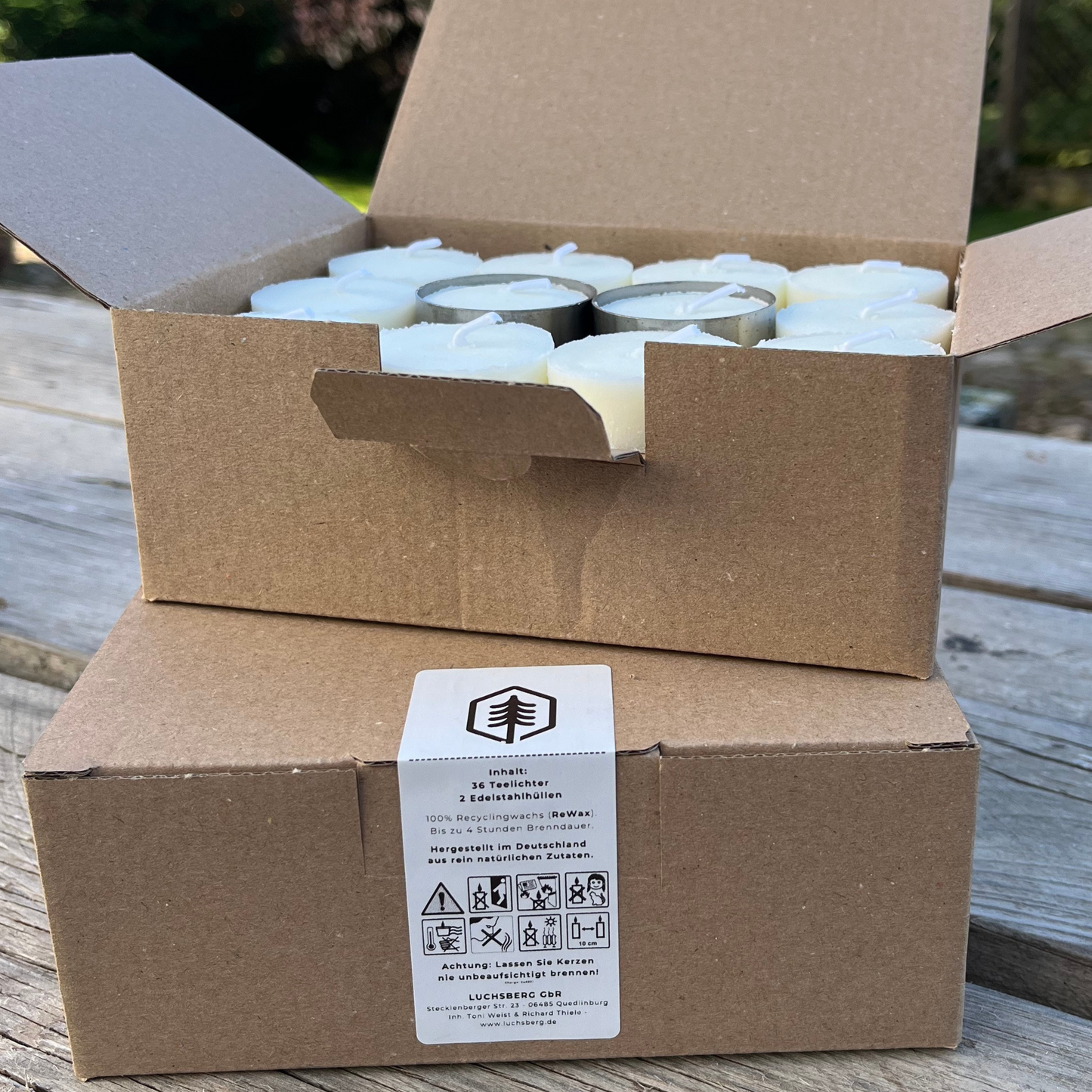 Luchsberg® nachhaltige Teelichter in wiederverwendbarer Edelstahlhülle - Windlichter und ökologische Kerzen aus recyceltem Wachs
