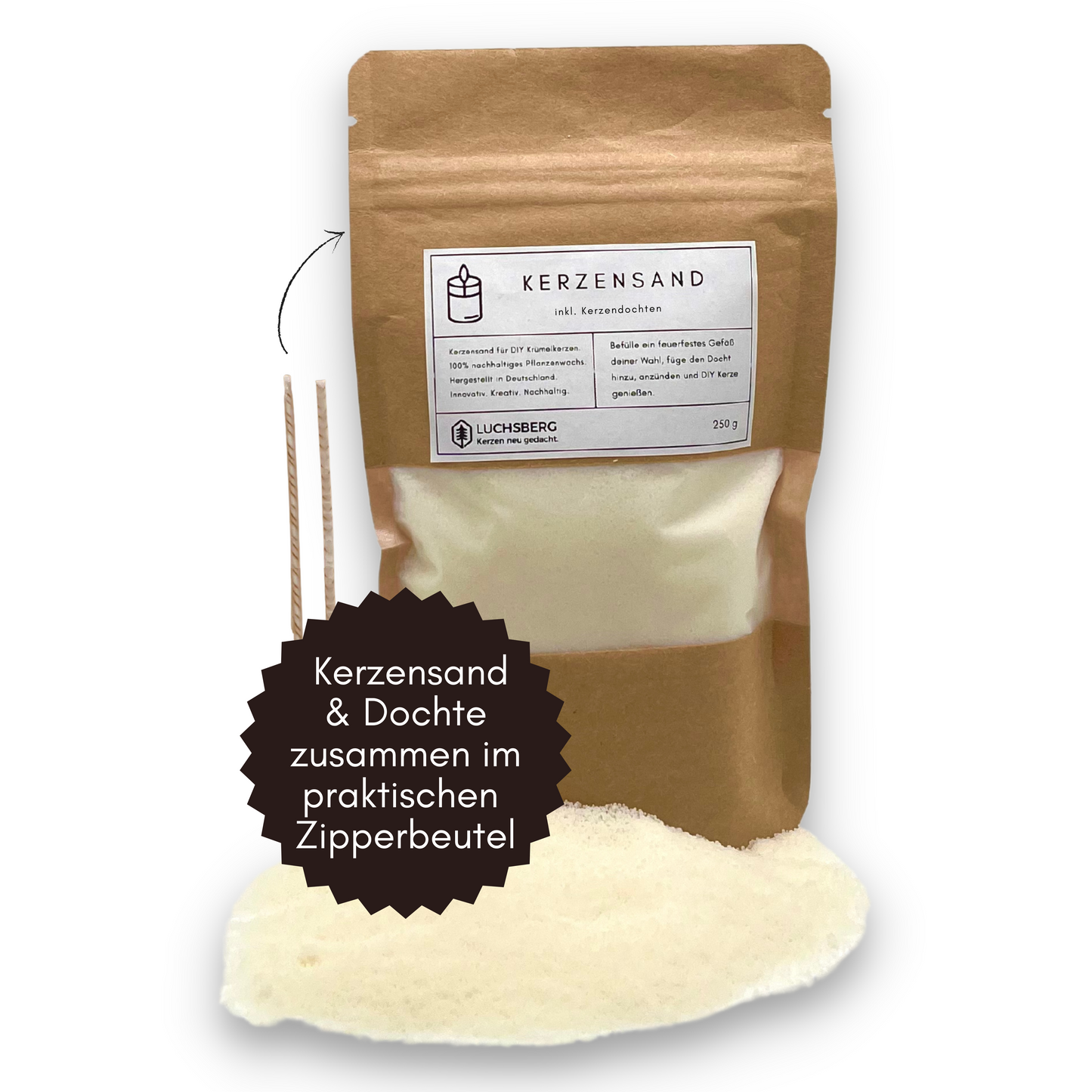 LUCHSBERG® Kerzensand | Nachhaltiger Kerzensand für DIY Kerzen | Wachskerze selber machen - inklusive Kerzendocht und Kerzensand