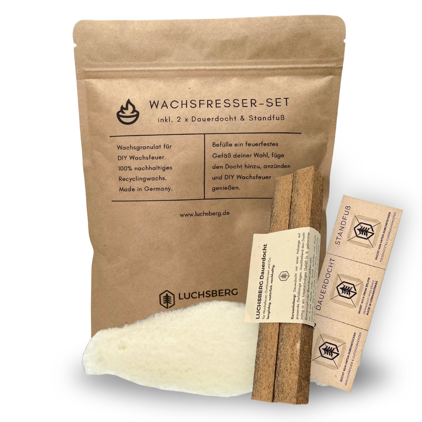 LUCHSBERG® Wachsfresser-Set | Wachsfresser selber machen - 2 x Dauerdocht und Kerzenwachs | DIY Kerzenfresser mit Wachsgranulat