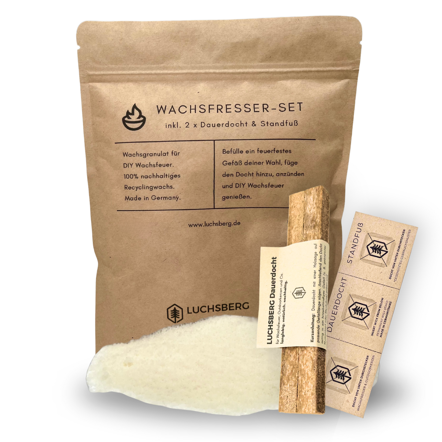 LUCHSBERG® Wachsfresser-Set | Wachsfresser selber machen - 2 x Dauerdocht und Kerzenwachs | DIY Kerzenfresser mit Wachsgranulat