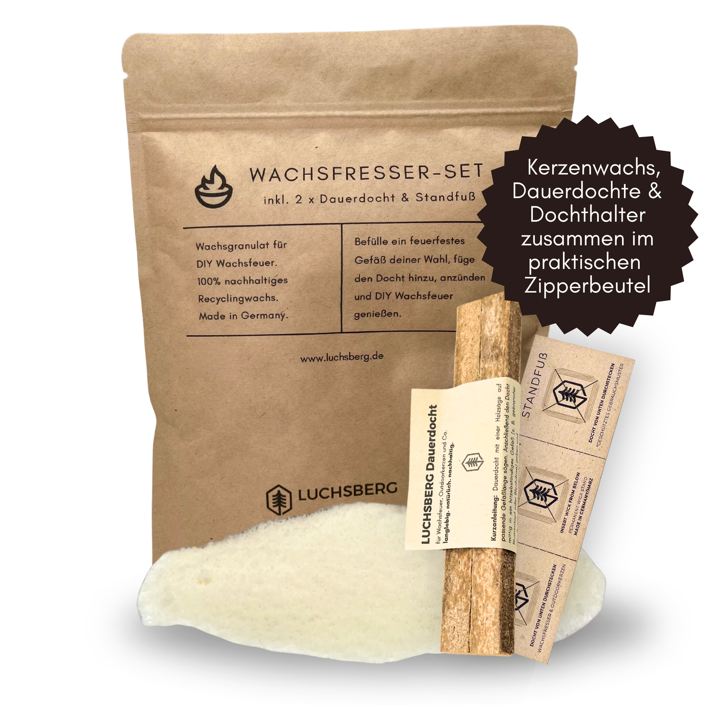 LUCHSBERG® Wachsfresser-Set | Wachsfresser selber machen - 2 x Dauerdocht und Kerzenwachs | DIY Kerzenfresser mit Wachsgranulat