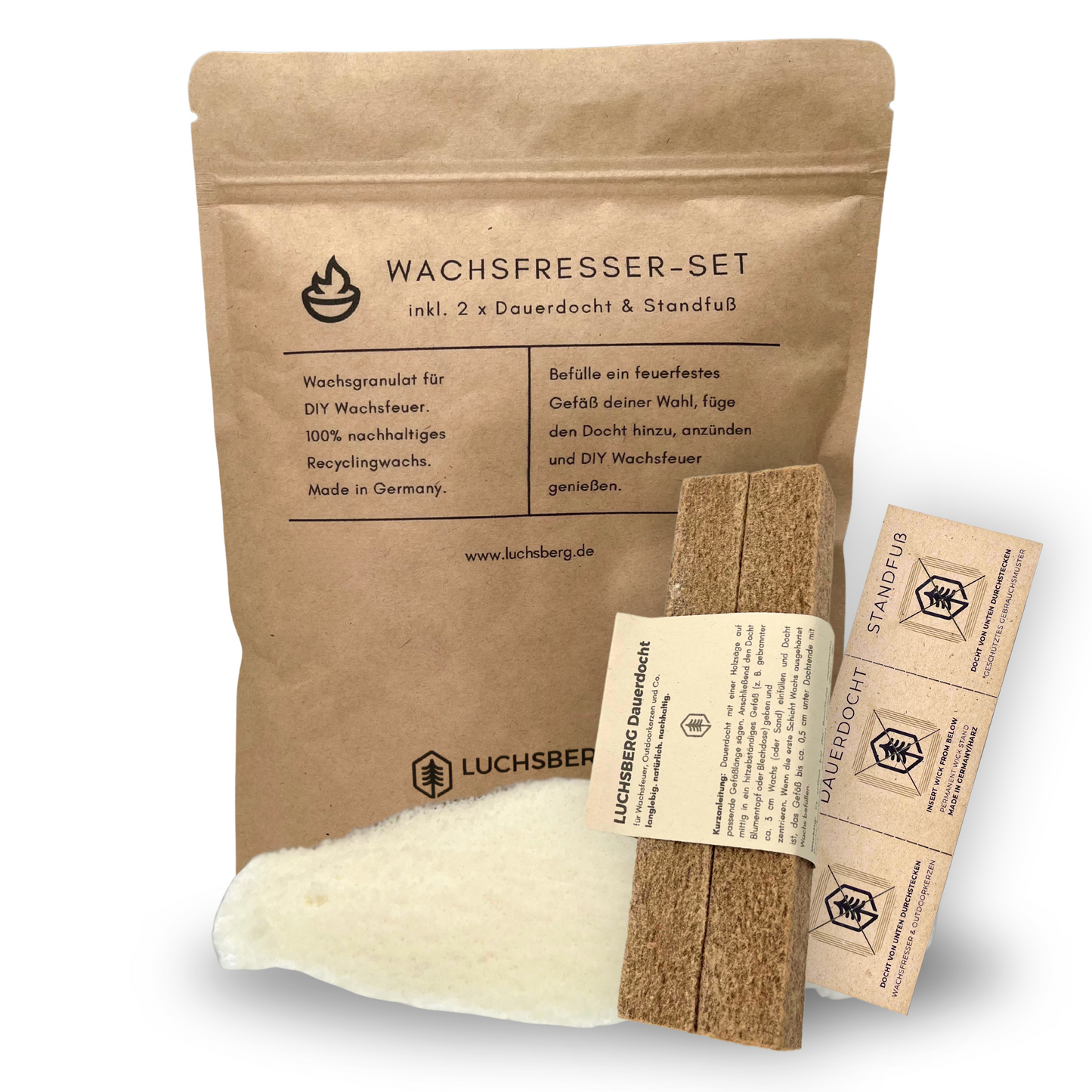 LUCHSBERG® Wachsfresser-Set | Wachsfresser selber machen - 2 x Dauerdocht und Kerzenwachs | DIY Kerzenfresser mit Wachsgranulat
