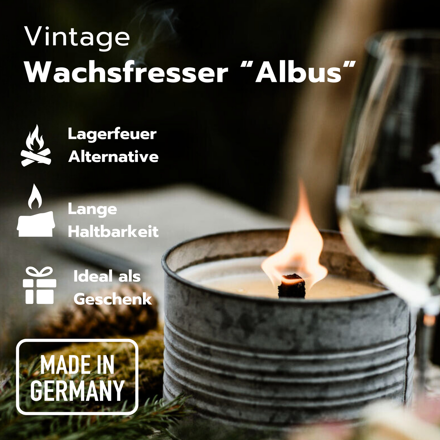 Brockenfeuer "Albus" - Wachsfresser / Wachsfeuer / Outdoorkerze